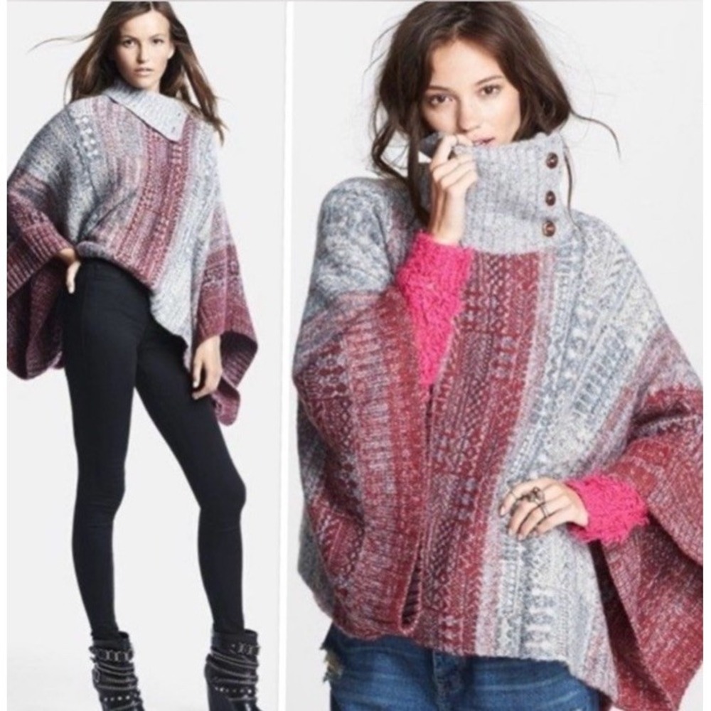 FREE PEOPLE Willow Diamond Red Gray Poncho Sweater M Fair Isle Oversized